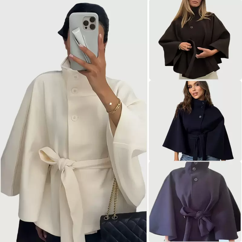 亚马逊外贸2025高级百搭毛呢女式时尚立领腰带修身单排扣女款外套
