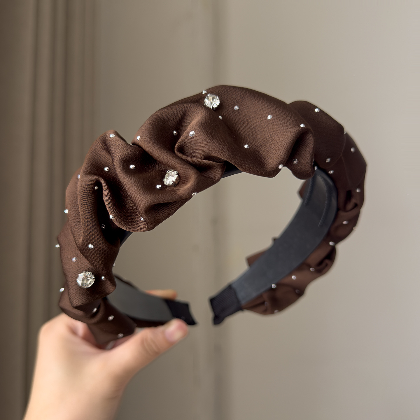 Brown satin pleated rhinestones