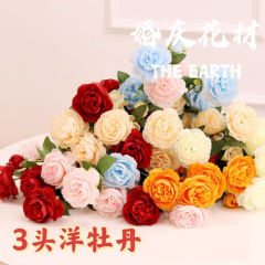 亚马逊跨境仿真欧式3头洋牡丹婚庆家居装饰绿植假花人造花牡丹花