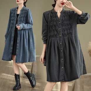 Real Shot in stock Autumn Loose Slimming Heavy Craft V-neck Single-breasted Mid-length Denim Coat Jacket