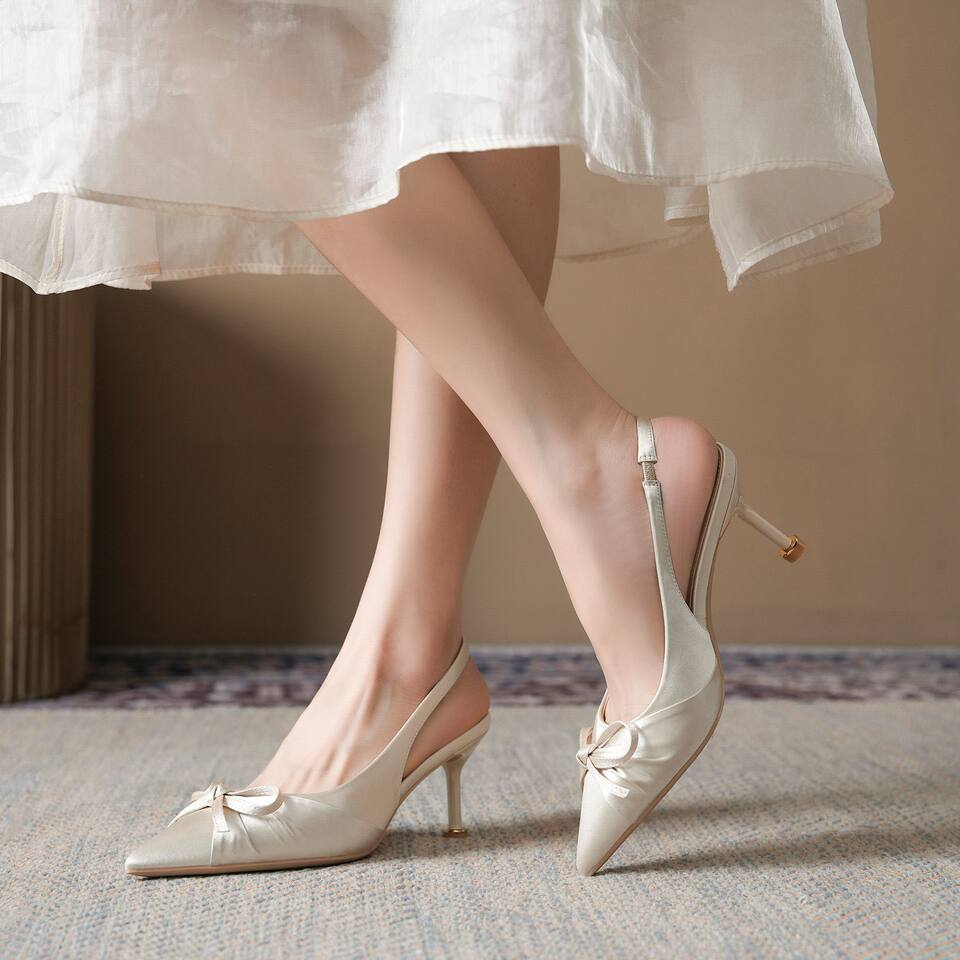 Sandal cao gót mũi nhọn bít mũi quai ngang chất liệu lụa satin, gót 6–8 cm — Màu be, Màu hồng, màu đen