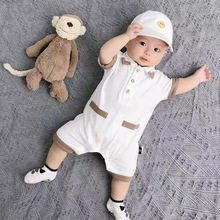 2023夏季婴儿衣服休闲绅士英伦哈衣百日满月男宝宝连体衣短袖爬服