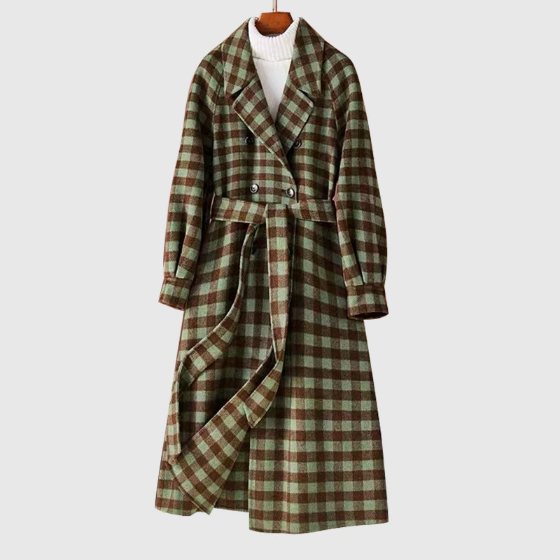 Двустороннее шерстяное пальто, шерстяное пальто, новый осенне-зимний костюм на шнуровке с поясом и воротником, клетчатое пальто средней длины, женская одежда