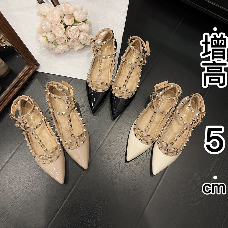 Inner Height Women's Shoes V Home Rivet Pointed Patent Leather Shoes 25 Spring New Sexy Foot Ring T-Buckle Flat Shoes