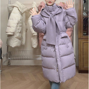 Off-Season New Women's Long down Jacket Korean Style Loose Waist Slimming Knitted Hat Winter Thickened Warm Over-The-Knee