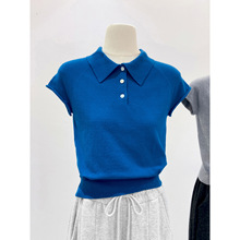 显白克莱因蓝polo翻领针织衫女夏季chic独特别致好看短袖打底上衣