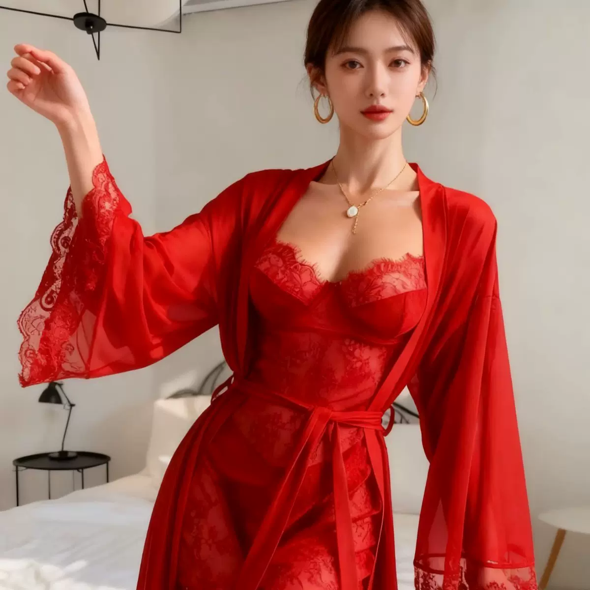 大码性感蕾丝睡衣套装无胸垫网纱睡裙外袍女士居家情趣内衣1228