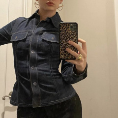 美式街头风个性辣妹工装休闲衬衫女翻领排扣修身显瘦开衫长袖上衣