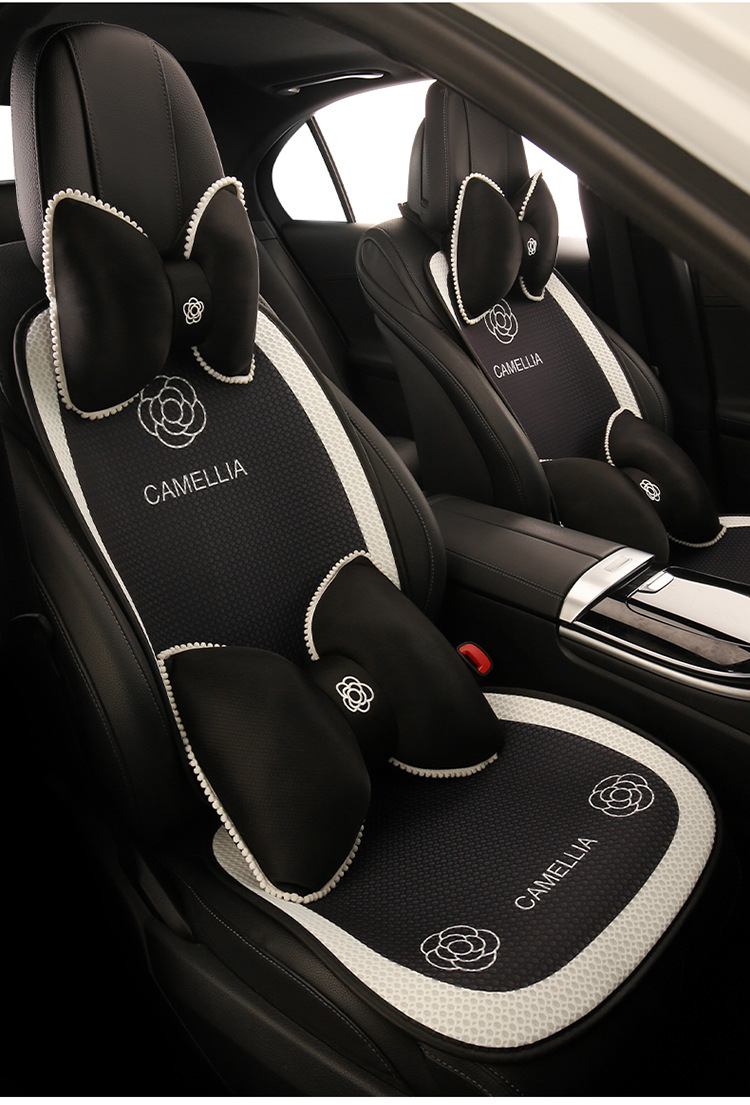 Camellia Car Cushion Universal Four Seasons Black Seat Cushion Fabric Seat Cover Half Bag Seat Cover Car Non-Slip Car Cushion