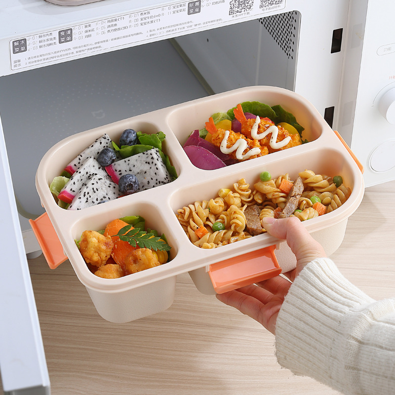 Caja de almuerzo de tres cuartos con cubierta de cuatro compartimentos caja de sopa cubierta de cubierta de plástico almuerzo de microondas para estudiantes