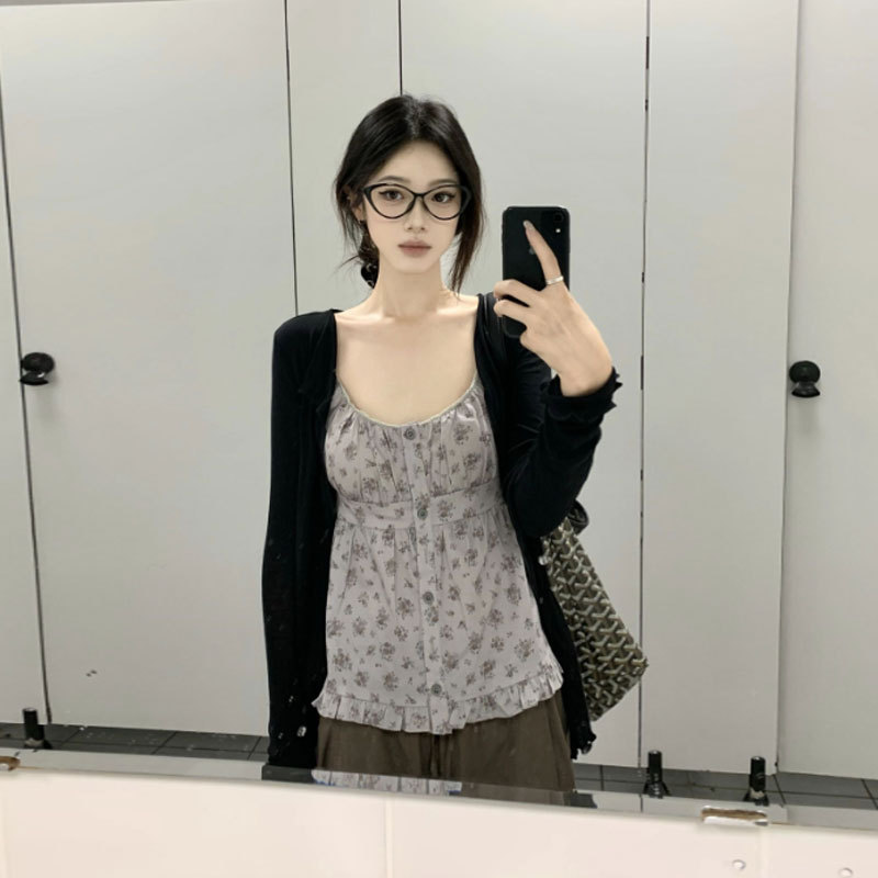 韩系温柔风吊带背心女早秋季2025新款轻薄黑色开衫碎花上衣两件套|undefined