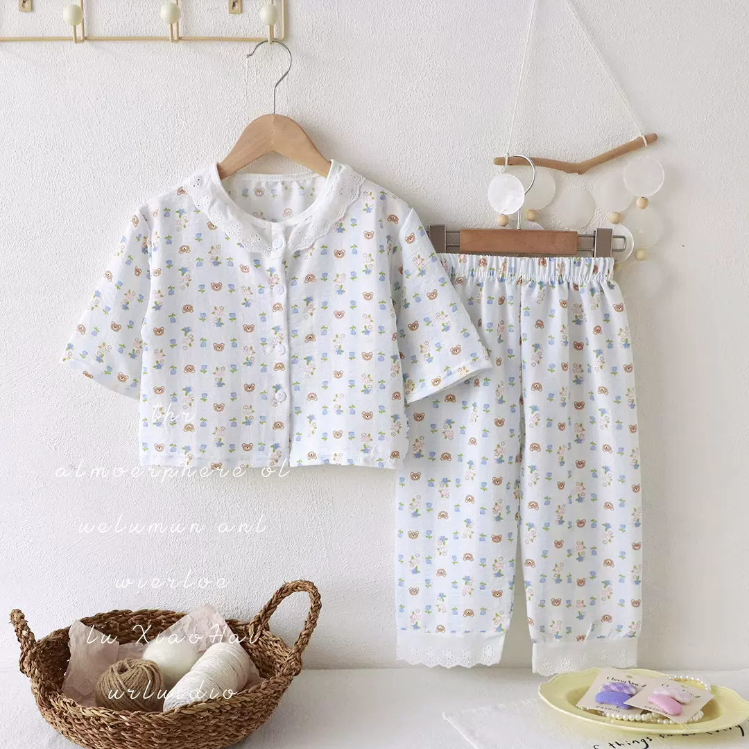 儿童家居服套装卡通云朵棉睡衣女宝宝长袖长裤蕾丝花边空调服批发