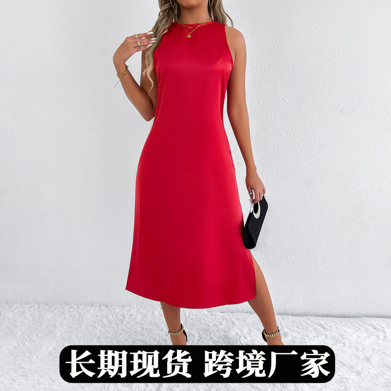 Real shot stand-alone women's European and American satin dress women's spring and summer high-end satin Amazon long skirt Real shot stand-alone women's European and American satin dress women's spring and summer high-end satin Amazon long skirt