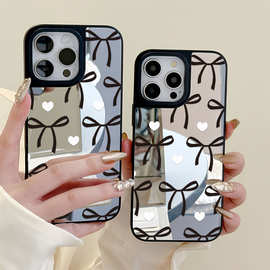 镜面蝴蝶结爱心适用苹果17ProMax黑框手机壳15/14全包13/12防摔16