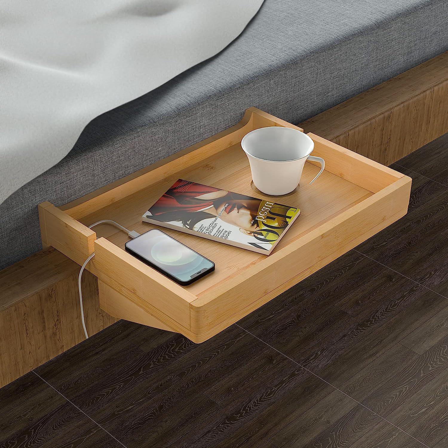 竹制床边架双层床架大学宿舍床边托盘实木夹式长方形托盘