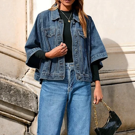 European and American independent brand autumn new bat-sleeve loose short denim jacket for women