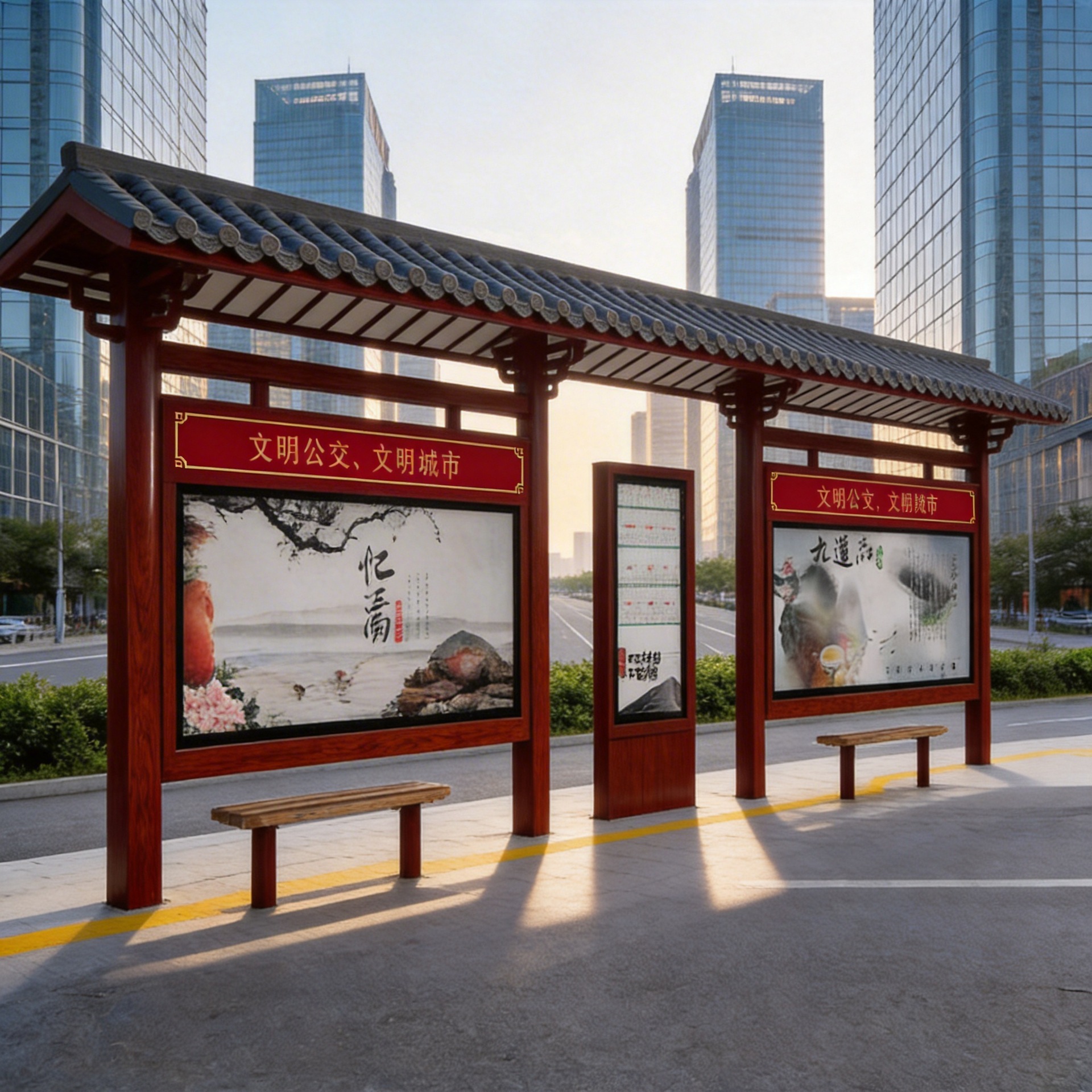 厂家批发复古户外智能候车亭灯箱创新仿古公交车站台广告候车亭