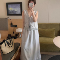 百搭新温柔减龄系带蝴蝶结背心女夏季新款韩系拼接毛边半身裙套装