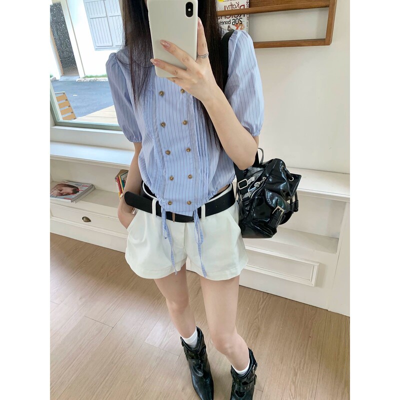 In Stock Joeyoo New Style Loose Double-Breasted Five-Quarter Sleeve Blue Striped Shirt for Women Summer Design Niche Short Shirt In Stock Joeyoo New Style Loose Double-Breasted Five-Quarter Sleeve Blue Striped Shirt for Women Summer Design Niche Short Shirt