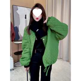 韩版洋气减龄小个子菱格短款加厚棉服2026秋冬新款绿色保暖棉衣女