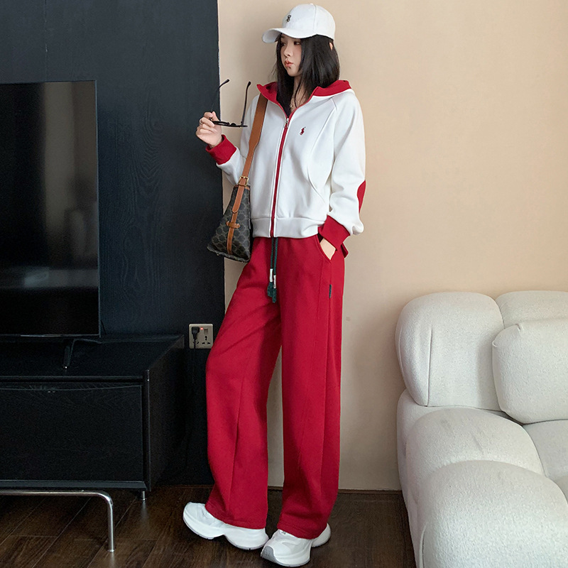 fleece-lined Thickened Casual Sports suit Women's Winter New Fashion Colorblock Hooded Sweat Pants Warm Two-piece Set