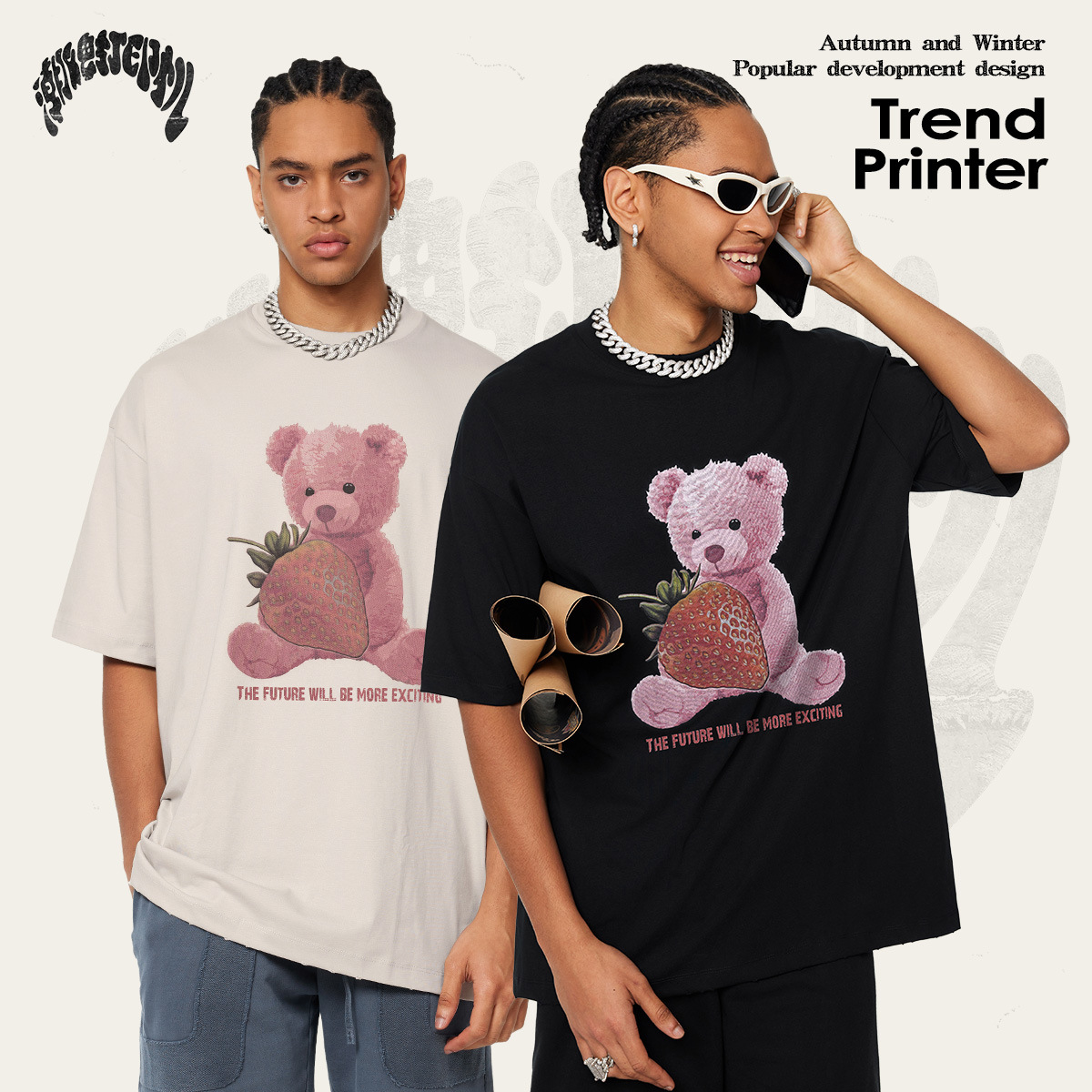 2025 verano estilo de moda estadounidense 230G tela impresión oso de fresa camiseta de manga corta camiseta de moda suelta chaqueta fría para hombre