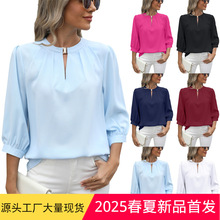 欧美跨境女装2025亚马逊春夏新款锁孔v领七分袖宽松雪纺衫上衣女