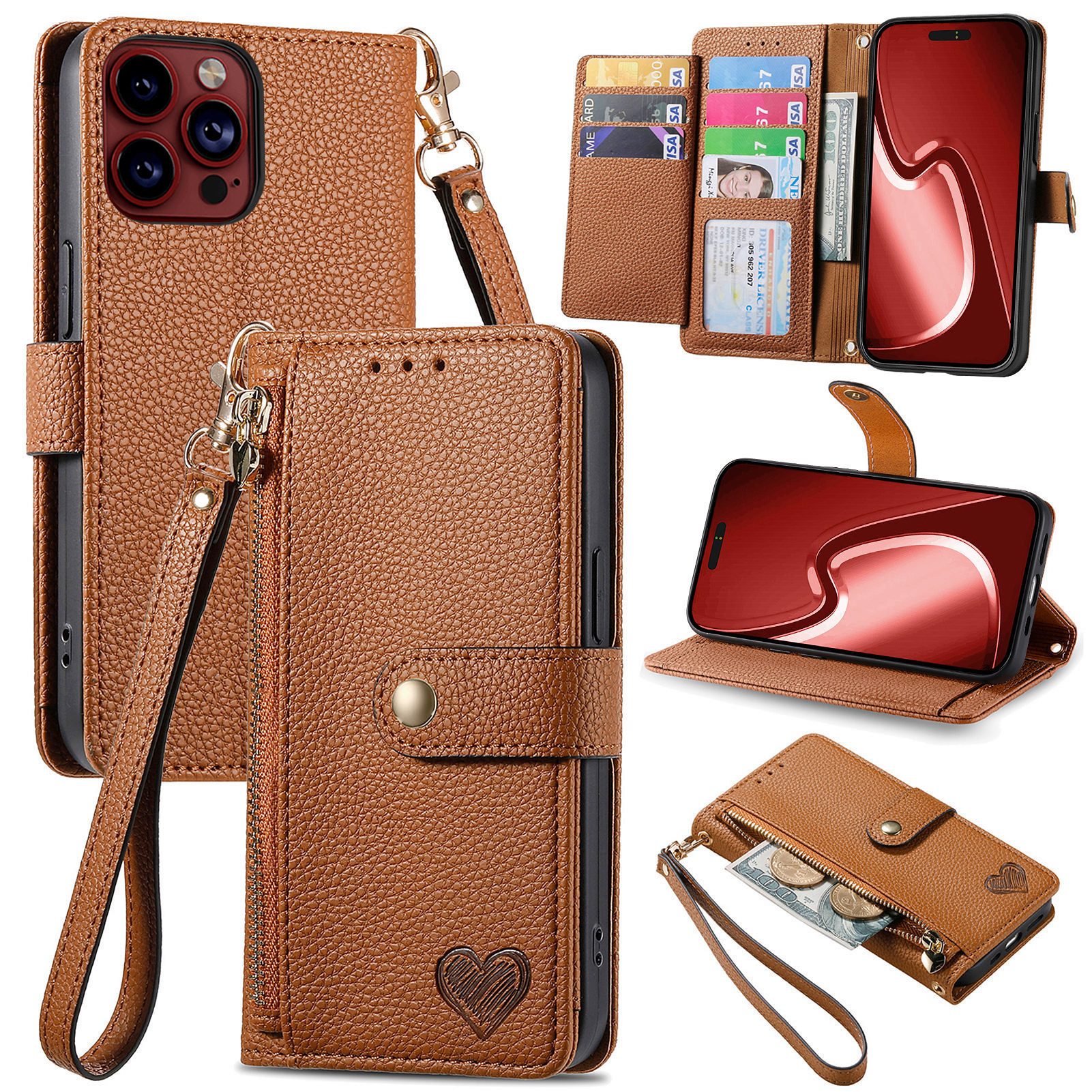 109g Weight iPhone Applicable Brands Phone Cases Classification tpu, Pu Leather Material Heart Shape, Solid Color Pattern Basic Style Heart Shape Solid Color Tpu Pu Leather Wallets 12