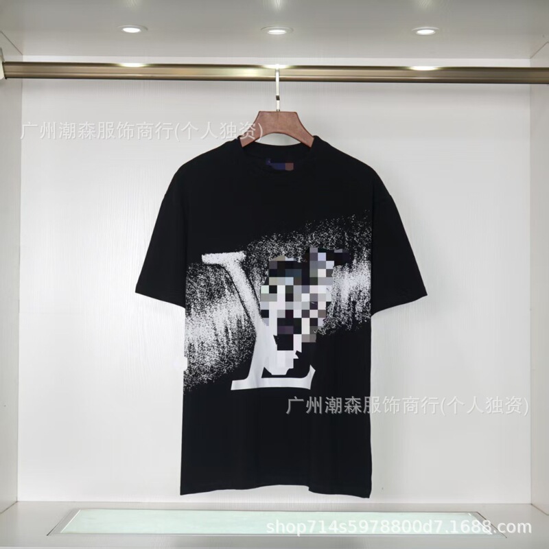现货跨境奢潮驴家高品质L满印字母短袖外贸经典款圆领男女宽松T恤|undefined