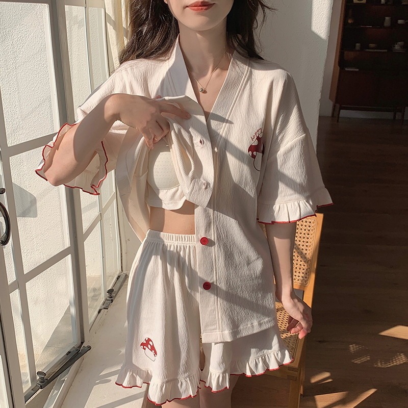 Pajamas Women's Summer Sweet Shorts Short-sleeved Crepe Cotton with Chest Pad Cardigan Summer Thin Women's Home Clothes suit