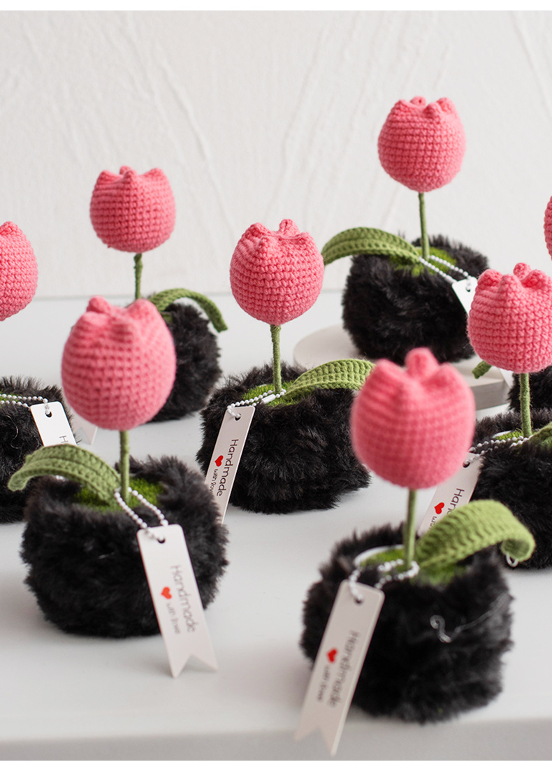Handcrafted artificial flower ornaments, tulip crocheted potted plants, knitted woolen flowers, as bouquet gifts for elders and friends pic 11