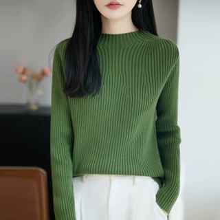 跨境慵懒风圆领坑条纯棉线针织衫女新款显瘦套头加厚保暖毛衣打底
