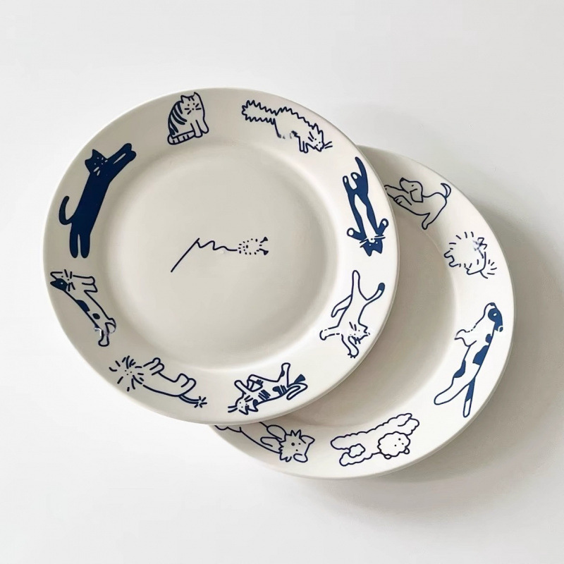 Exported to South Korea Retro Cute Line Drawing Puppy Cat Ceramic Plate Inch Cartoon Dessert Breakfast Plate Niche Tableware