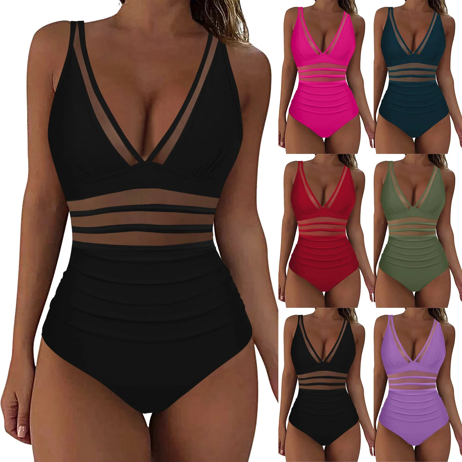 European and American cross-border new swimsuit women's 2024 one-piece mesh stitching swimsuit swimsuit factory wholesale