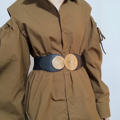 Autumn new double-circle elastic belt with high elasticity, European and American style texture, metal disc, slim waistband