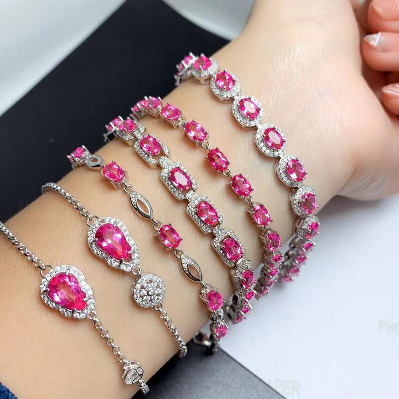 New natural powder Topaz bracelet S925 inlaid with main stone 4/6mm color treasure jewelry ladies temperament bracelet