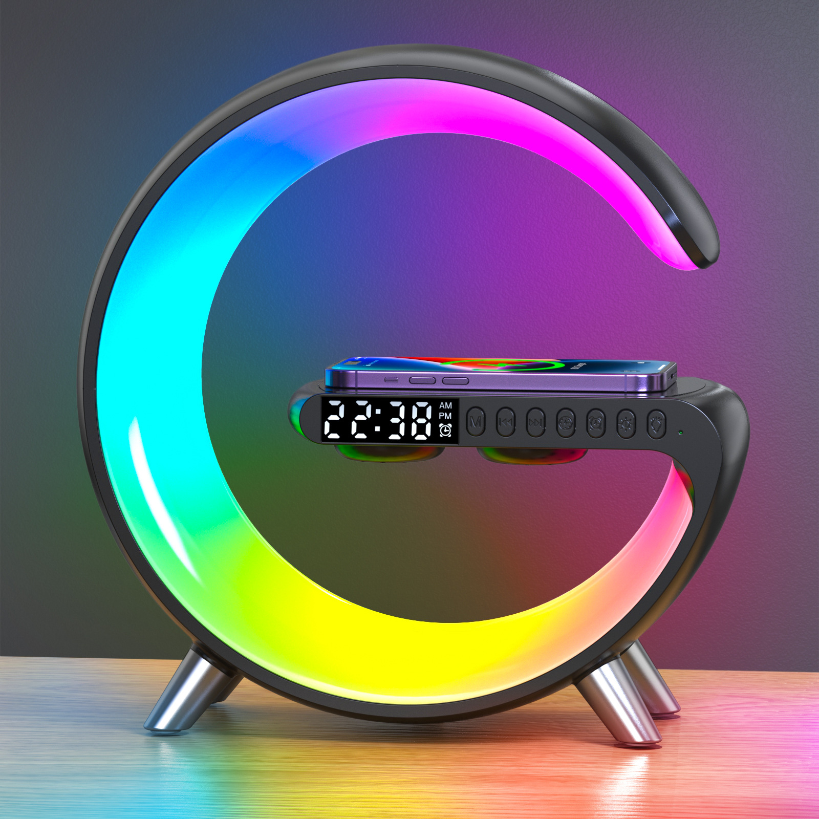 Bluetooth-Lautsprecher im Big G-Stil mit cooler LED-Beleuchtung, Wecker und kabellosem 4-in-1-Desktop-Ladegerät_voghion.com