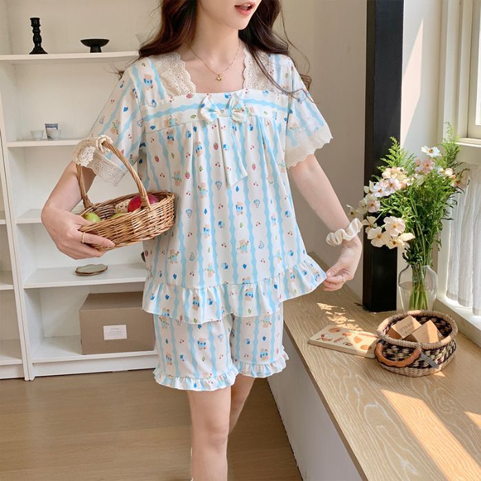 Venta al por mayor transfronteriza nueva versión coreana de encaje imitación algodón traje pijamas encaje verano chica pantalones cortos de manga corta traje de servicio a domicilio