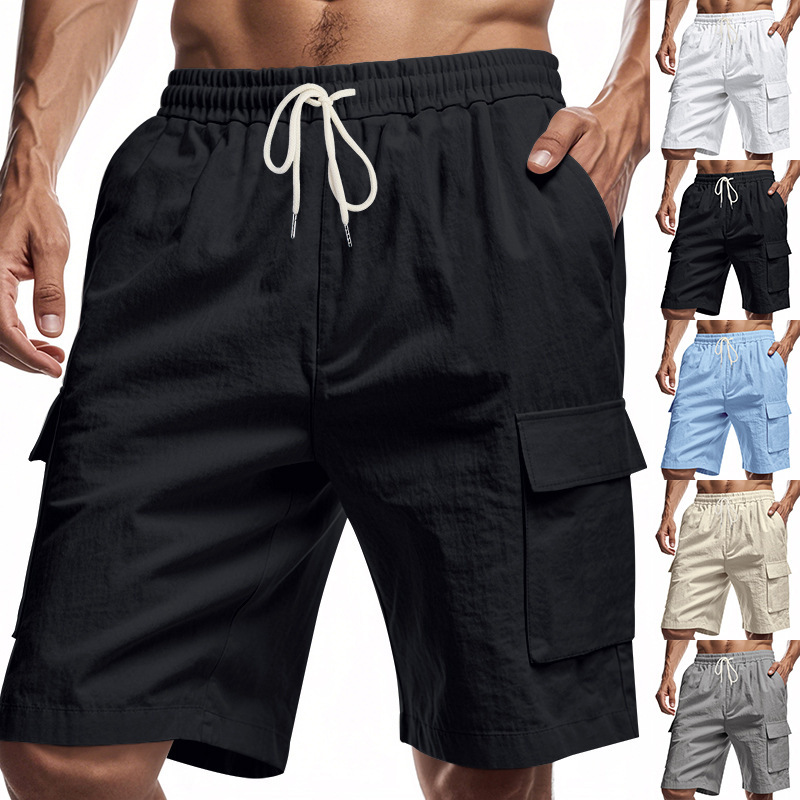 Monos multibolsillos estadounidenses transfronterizos, pantalones cortos de cinco puntos para hombres, deportes al aire libre, ocio, ropa de lino de color sólido suelto image 5