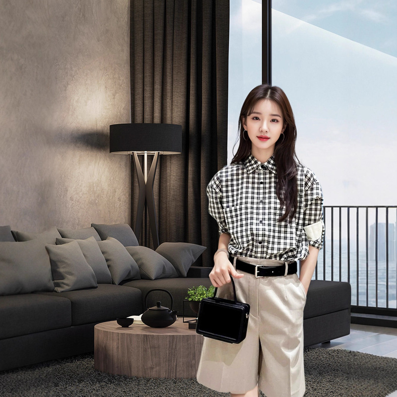 In Stock 2025 Autumn and Winter New Style Gao Yuanyuan Same Style Plaid Cotton Shirt Workplace Work Clothing Long-Sleeved Shirt Ed1044