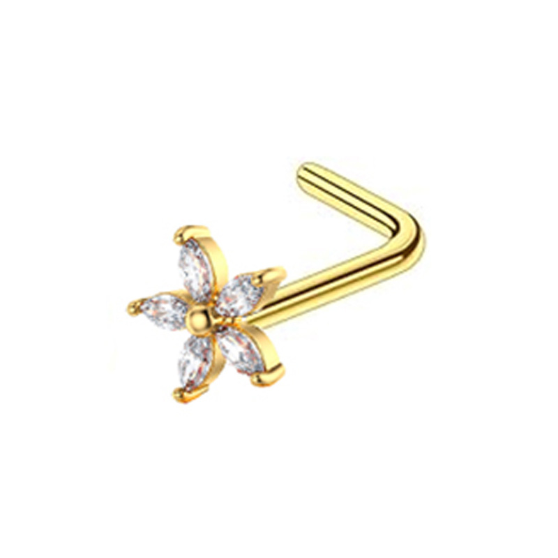 Stainless Steel Nose Stud With Zircon Stone L-shaped Piercing_voghion.com