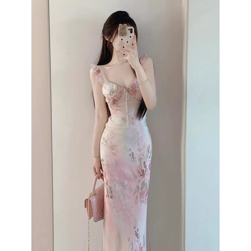 Маленькое облегающее женское платье с развевающимися рукавами и принтом во французском стиле, весна/лето 2025, сексуальное и элегантное длинное платье для отдыха, потрясающее на первый взгляд.