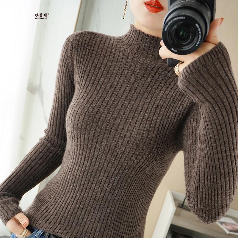 Wool Blend 2025 Autumn and Winter New Women's Slim-Fit Half-High Collar Ribbed Solid Color Short Knit Sweater