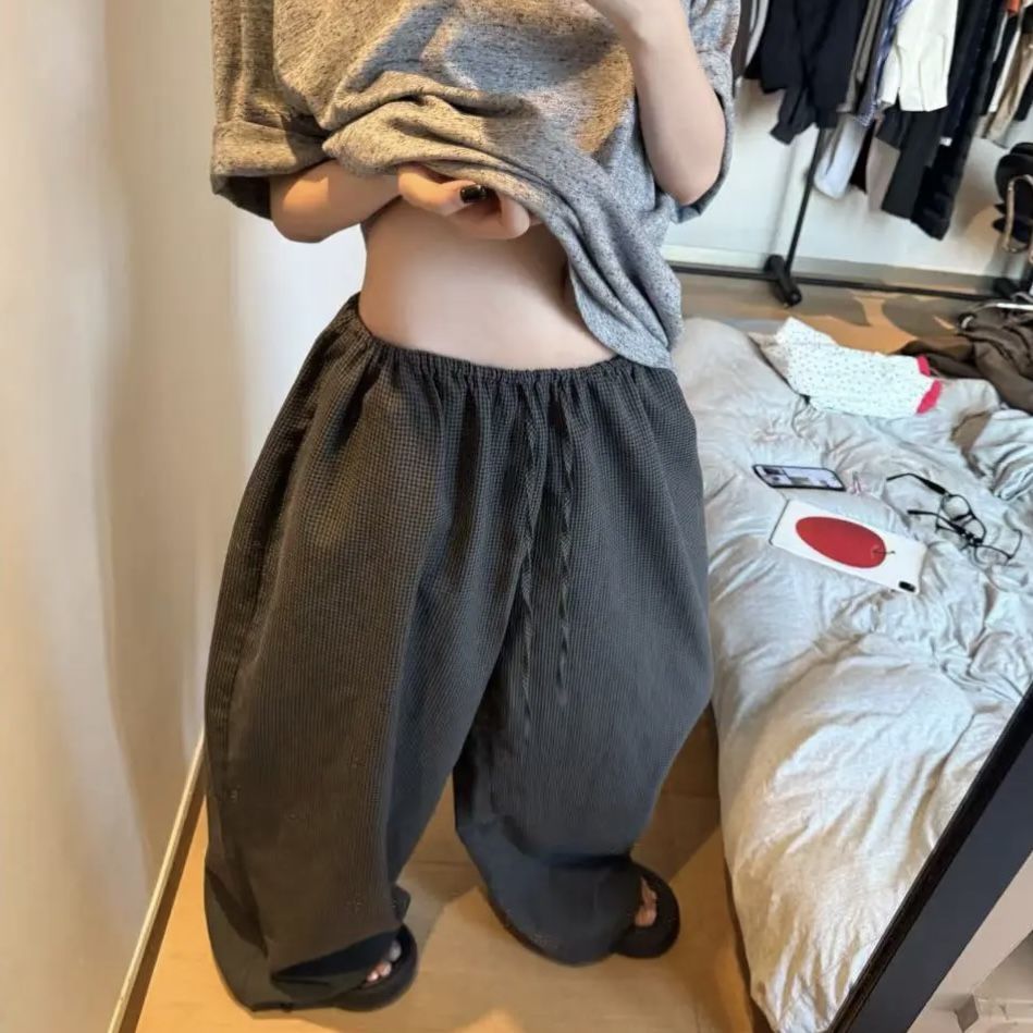 ins网红夏季韩风休闲家居慵懒小格子拖地裤阔腿裤抽绳长裤潮流女