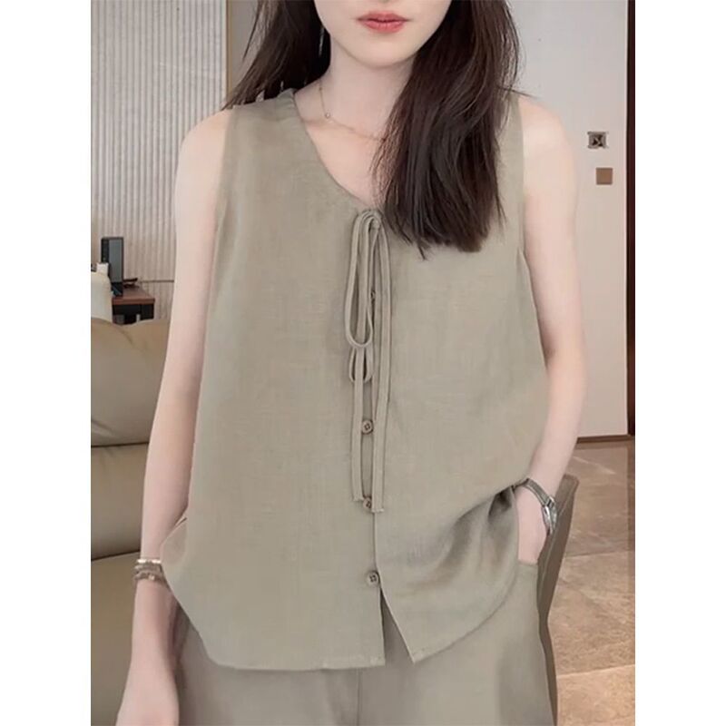法式复古时尚松弛感绑带无袖背心女夏季简约百搭休闲V领宽松上衣|undefined