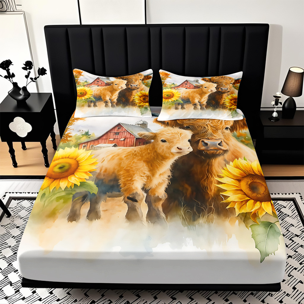 Comercio exterior transfronterizo textil doméstico patrón de girasol impresión digital 3D cama de molienda de tres piezas JIT modelo Temu