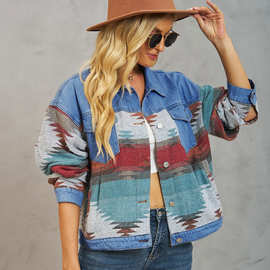 欧美跨境外贸女装亚马逊独立站秋季辛苦水洗拼色牛仔外套短款上衣
