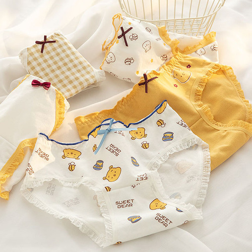 Japanese bear honey soft cute cartoon girl underwear pure cotton crotch mid-waist bag hip breathable women's briefs