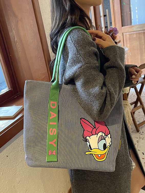 Cartoon lindo gran capacidad bolso de mano para mujeres nueva moda tela rayas simple bolso de hombro de viaje