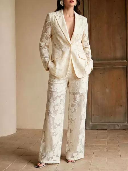 2026 European and American Style Lace Hollow-Out Heavy Craftsmanship French-Style Blazer Jacquard Casual Trousers Two-Piece Set Elegant Workwear